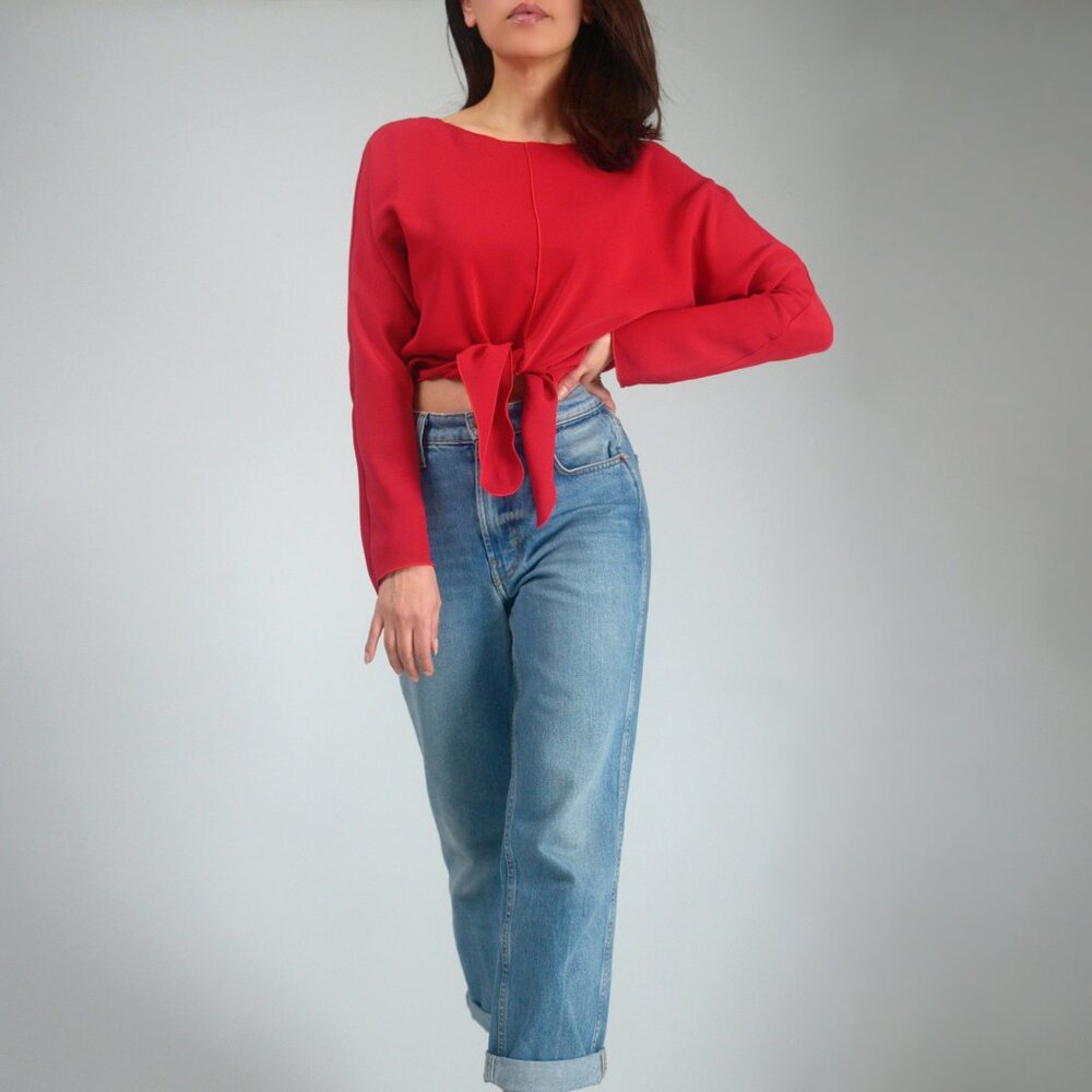 Aritzia Babaton Abasi tie-front blouse, Long Sleeved Tie Front Crop Top, sz XS